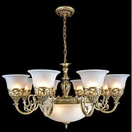 Bronzen kroonluchter elf lampen moiré glas Europees retro klassiek