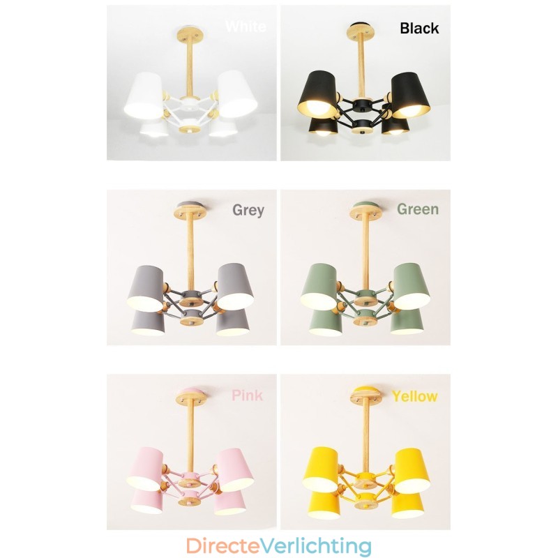 4-lichts multi-kleuren macaron hout vintage schilderij kenmerk metalen kroonluchter
