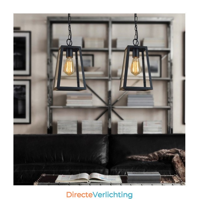 Vintage metalen hanglamp met glazen kap