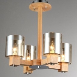 4 Lichte houten moderne eigentijdse kroonluchter in Scandinavische stijl met glazen kap