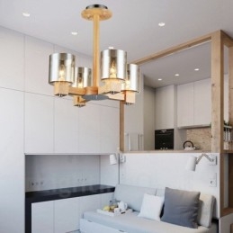 4 Lichte houten moderne eigentijdse kroonluchter in Scandinavische stijl met glazen kap