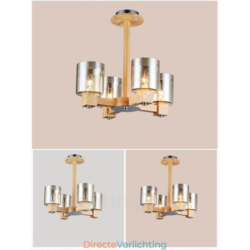 4 Lichte houten moderne eigentijdse kroonluchter in Scandinavische stijl met glazen kap