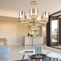 6 Lichte houten moderne eigentijdse kroonluchter in Scandinavische stijl met glazen kap