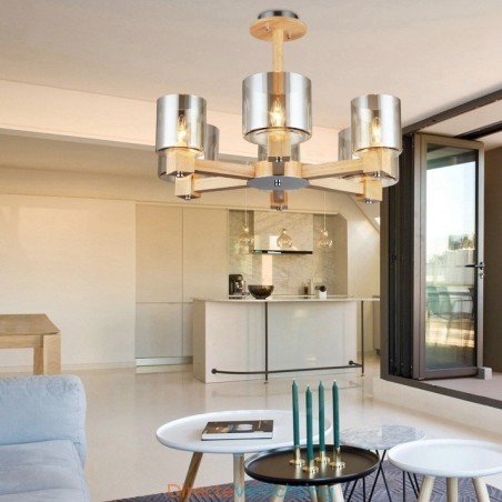 6 Lichte houten moderne eigentijdse kroonluchter in Scandinavische stijl met glazen kap 6 Lichte houten moderne eigentijdse kroonluchter in Scandinavische stijl met glazen kap
