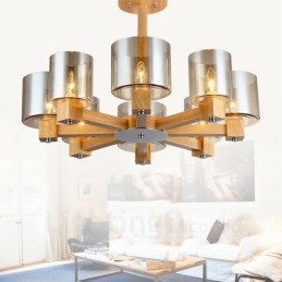 8 Lichte houten moderne eigentijdse kroonluchter in Scandinavische stijl met glazen kap