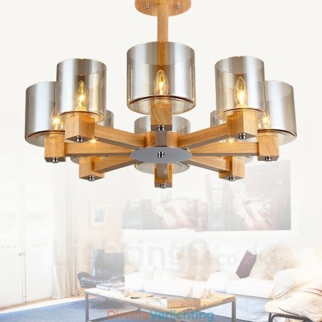8 Lichte houten moderne eigentijdse kroonluchter in Scandinavische stijl met glazen kap 8 Lichte houten moderne eigentijdse kroonluchter in Scandinavische stijl met glazen kap