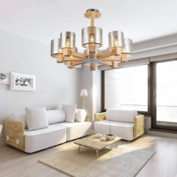 8 Lichte houten moderne eigentijdse kroonluchter in Scandinavische stijl met glazen kap