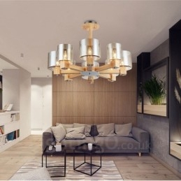 8 Lichte houten moderne eigentijdse kroonluchter in Scandinavische stijl met glazen kap