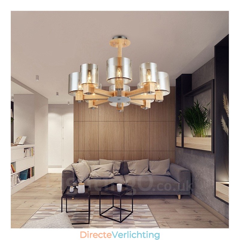 8 Lichte houten moderne eigentijdse kroonluchter in Scandinavische stijl met glazen kap