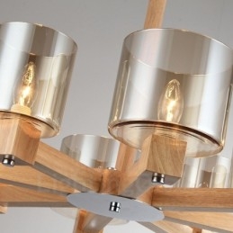 8 Lichte houten moderne eigentijdse kroonluchter in Scandinavische stijl met glazen kap