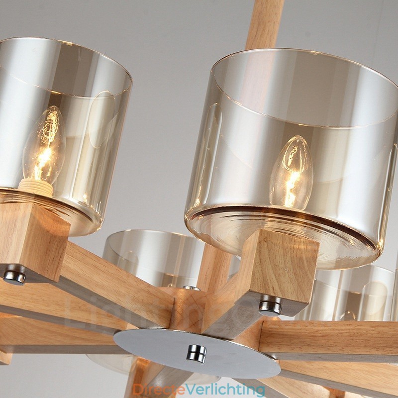 8 Lichte houten moderne eigentijdse kroonluchter in Scandinavische stijl met glazen kap