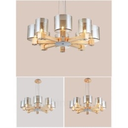8 Lichte houten moderne eigentijdse kroonluchter in Scandinavische stijl met glazen kap
