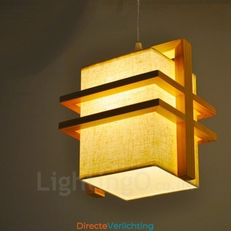 1 Lichte Houten Retro Vintage Hanglamp met Stoffen Kap 1 Lichte Houten Retro Vintage Hanglamp met Stoffen Kap
