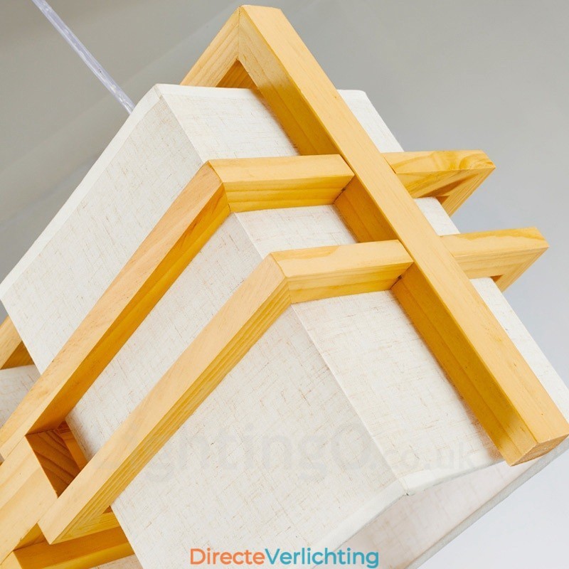 2-lichts houten retro vintage hanglamp met stoffen kap