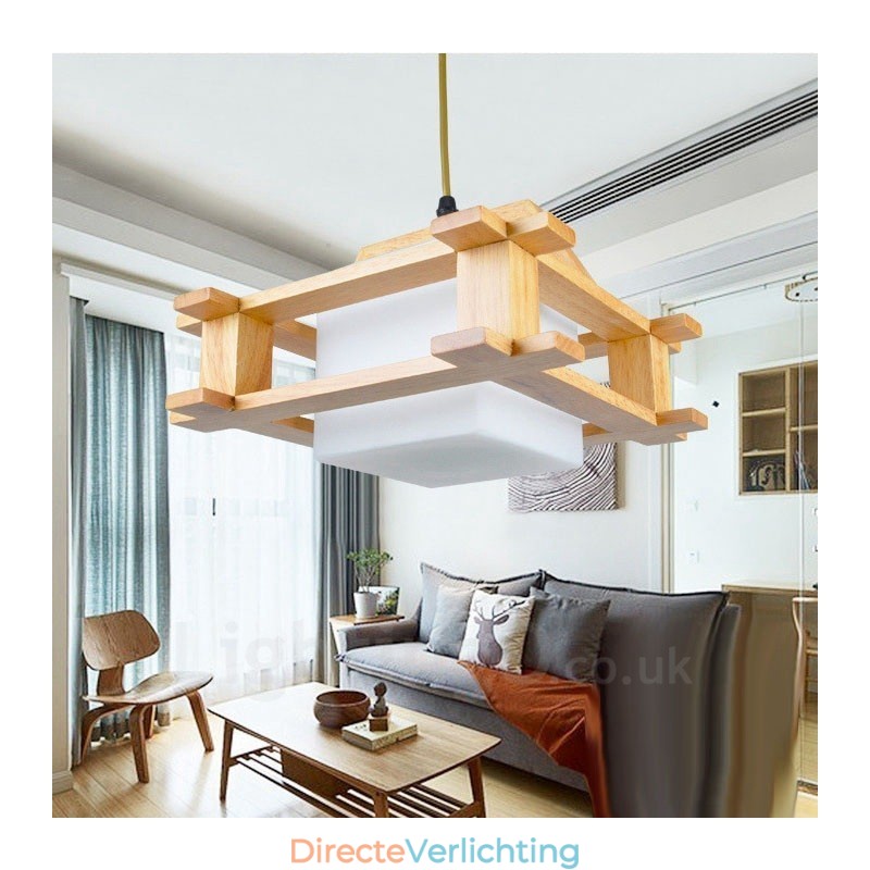 1 Lichte houten moderne eigentijdse hanglamp in Scandinavische stijl met glazen kap