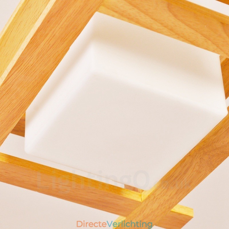1 Lichte houten moderne eigentijdse hanglamp in Scandinavische stijl met glazen kap