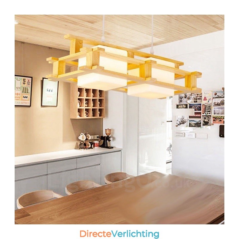 2 Lichte houten moderne eigentijdse Scandinavische stijl hanglamp met glazen kap