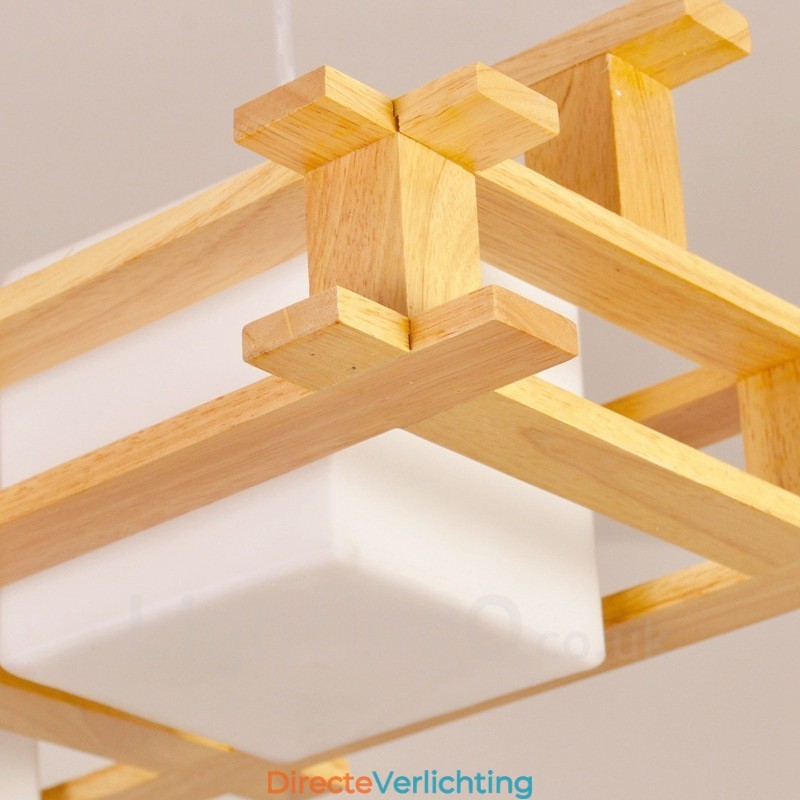 2 Lichte houten moderne eigentijdse Scandinavische stijl hanglamp met glazen kap