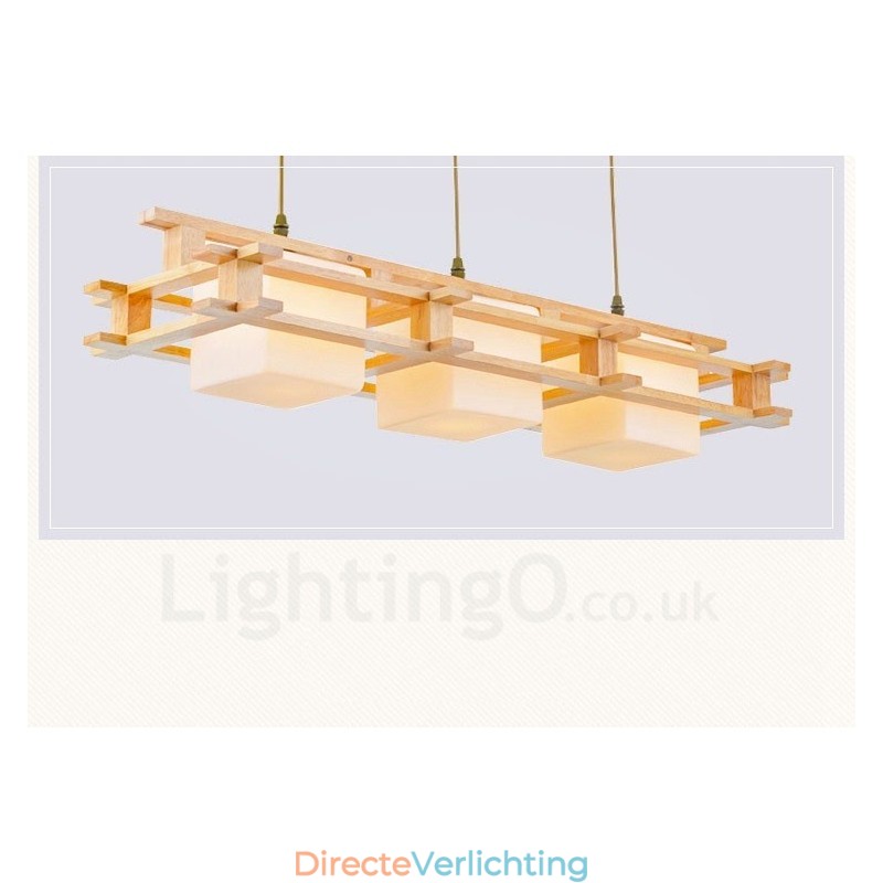 3-lichts houten moderne eigentijdse hanglamp in Scandinavische stijl met glazen kap