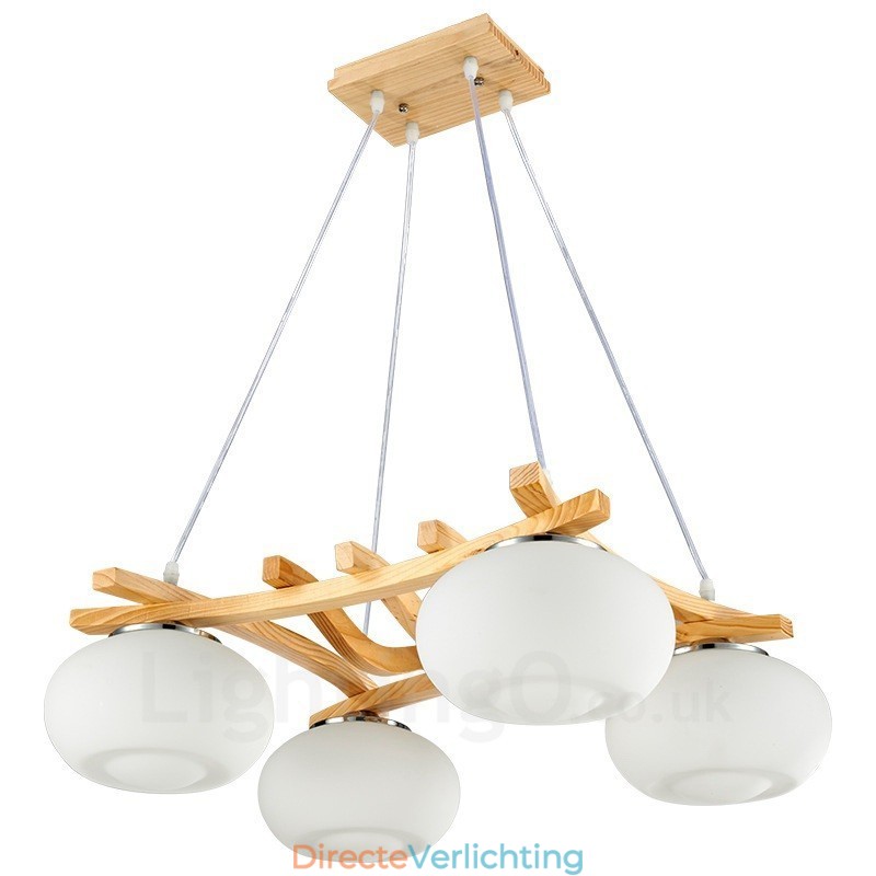 4-lichts rustieke lodge hanglamp van hout met glazen kap