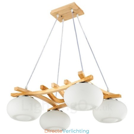 4-lichts rustieke lodge hanglamp van hout met glazen kap 4-lichts rustieke lodge hanglamp van hout met glazen kap