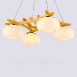 4-lichts rustieke lodge hanglamp van hout met glazen kap