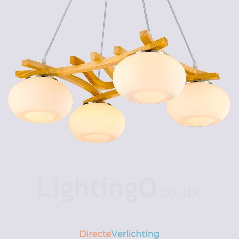 4-lichts rustieke lodge hanglamp van hout met glazen kap