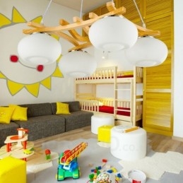 4-lichts rustieke lodge hanglamp van hout met glazen kap