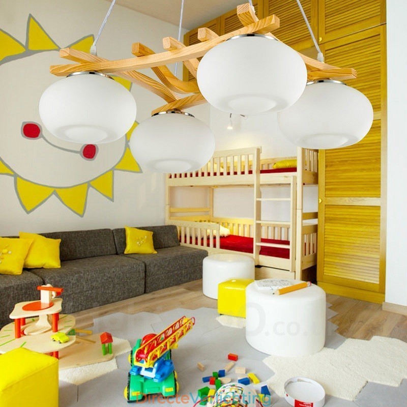 4-lichts rustieke lodge hanglamp van hout met glazen kap