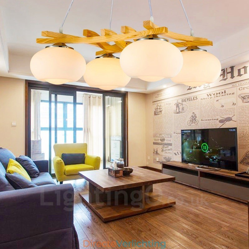 4-lichts rustieke lodge hanglamp van hout met glazen kap