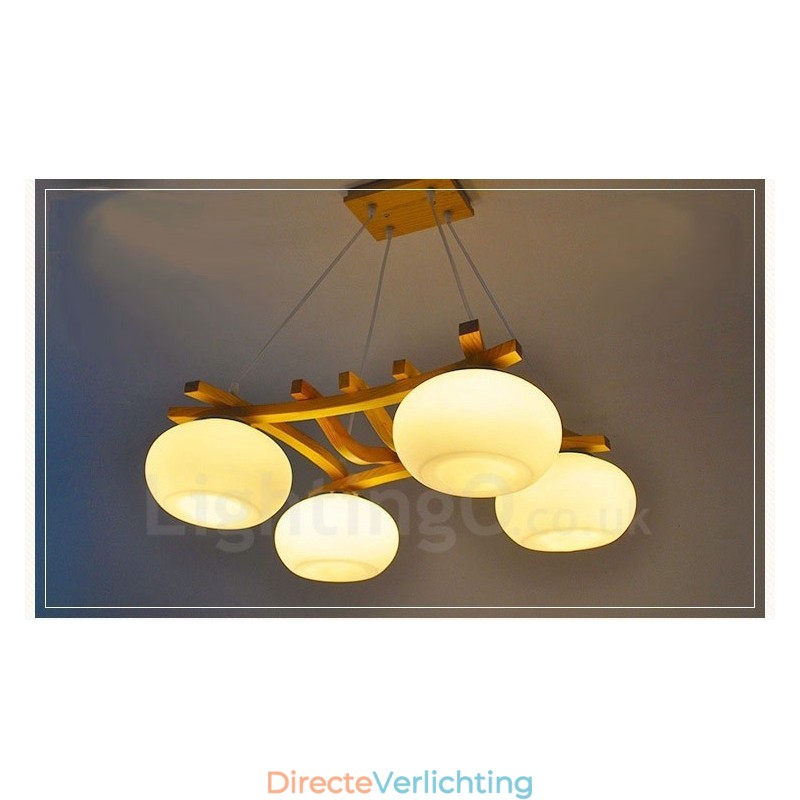 4-lichts rustieke lodge hanglamp van hout met glazen kap