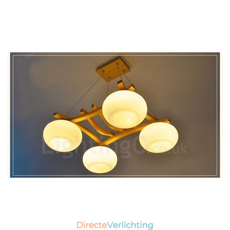 4-lichts rustieke lodge hanglamp van hout met glazen kap