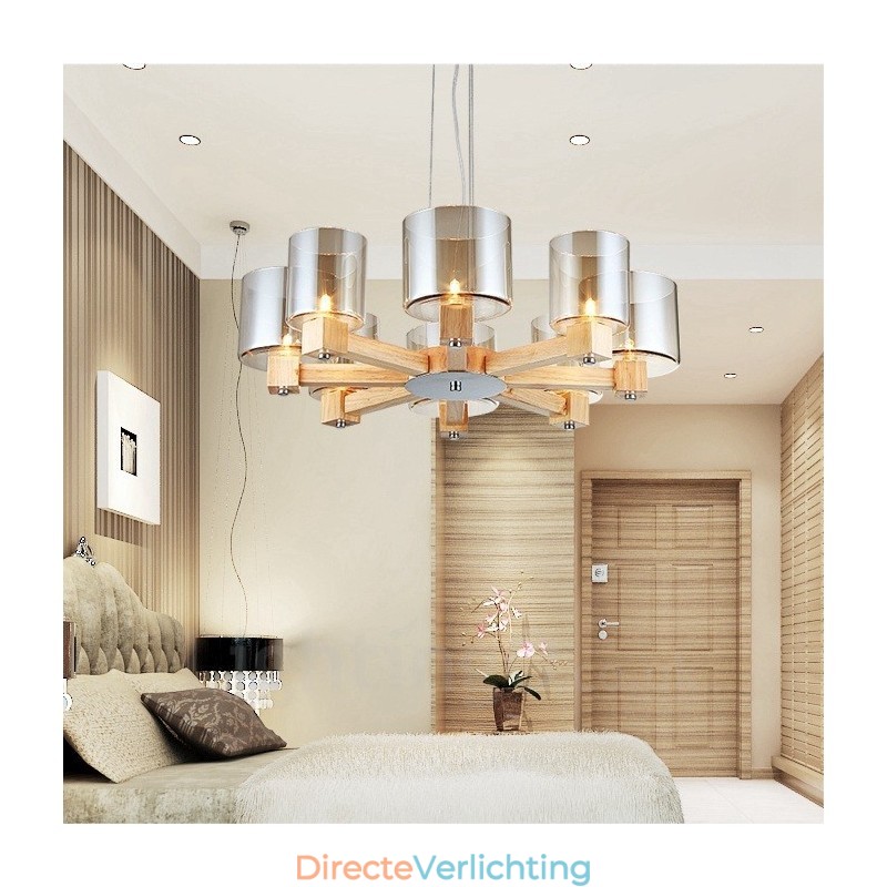 8 Lichte Houten Moderne Hedendaagse Scandinavische Stijl Hanglamp met Glazen Kap