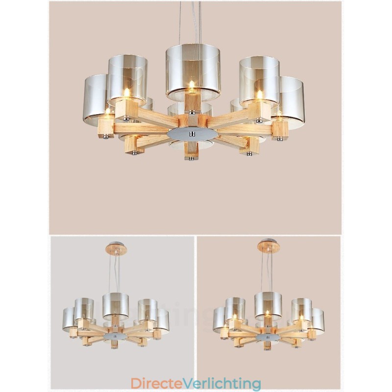 8 Lichte Houten Moderne Hedendaagse Scandinavische Stijl Hanglamp met Glazen Kap