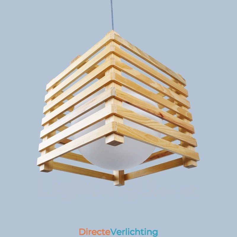 1 Lichte houten moderne eigentijdse hanglamp in Scandinavische stijl met glazen kap