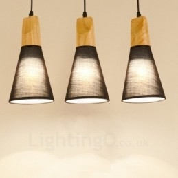 3-lichts moderne hanglamp van hout met stoffen kap