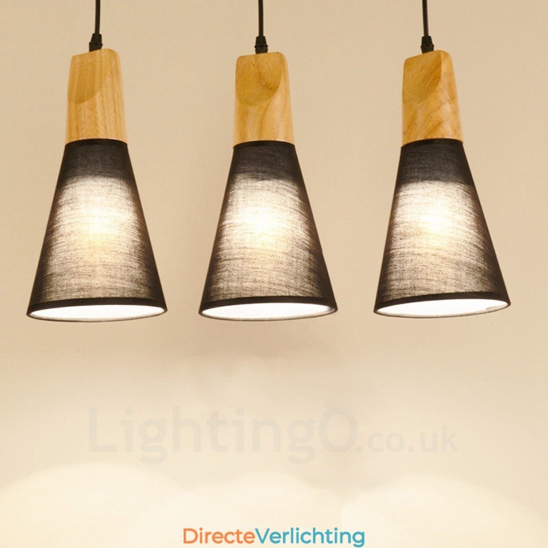 3-lichts moderne hanglamp van hout met stoffen kap