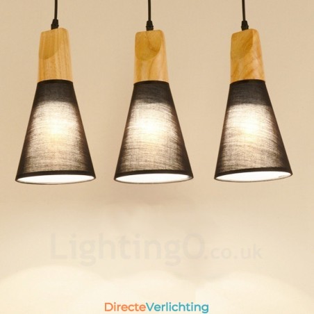 3-lichts moderne hanglamp van hout met stoffen kap 3-lichts moderne hanglamp van hout met stoffen kap