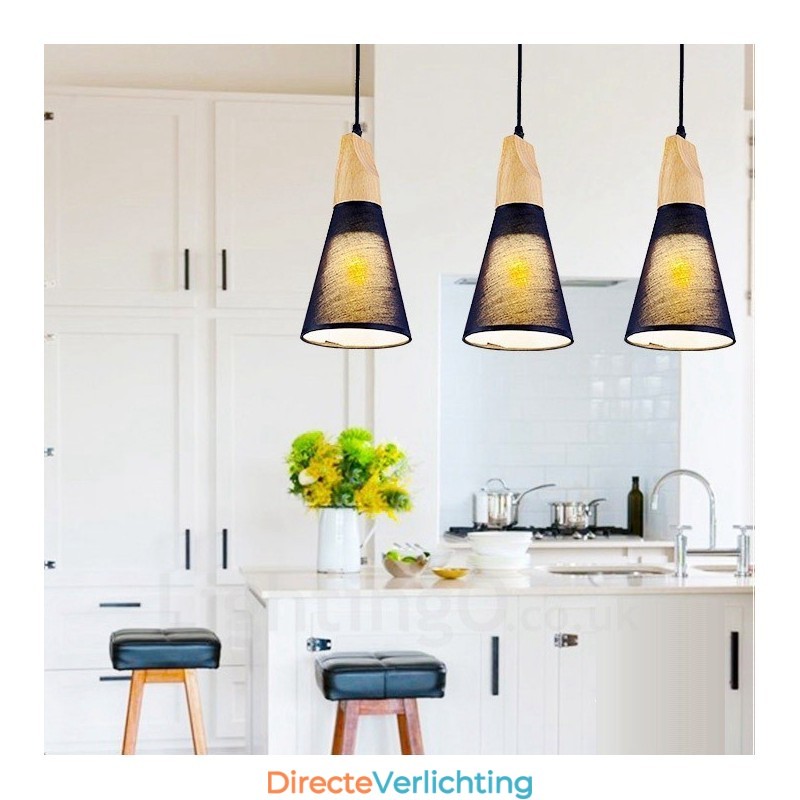 3-lichts moderne hanglamp van hout met stoffen kap
