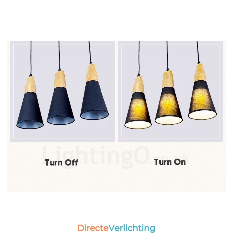 3-lichts moderne hanglamp van hout met stoffen kap