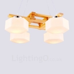 4-lichts houten moderne eigentijdse hanglamp in Scandinavische stijl met glazen kap