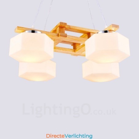 4-lichts houten moderne eigentijdse hanglamp in Scandinavische stijl met glazen kap 4-lichts houten moderne eigentijdse hanglamp in Scandinavische stijl met glazen kap