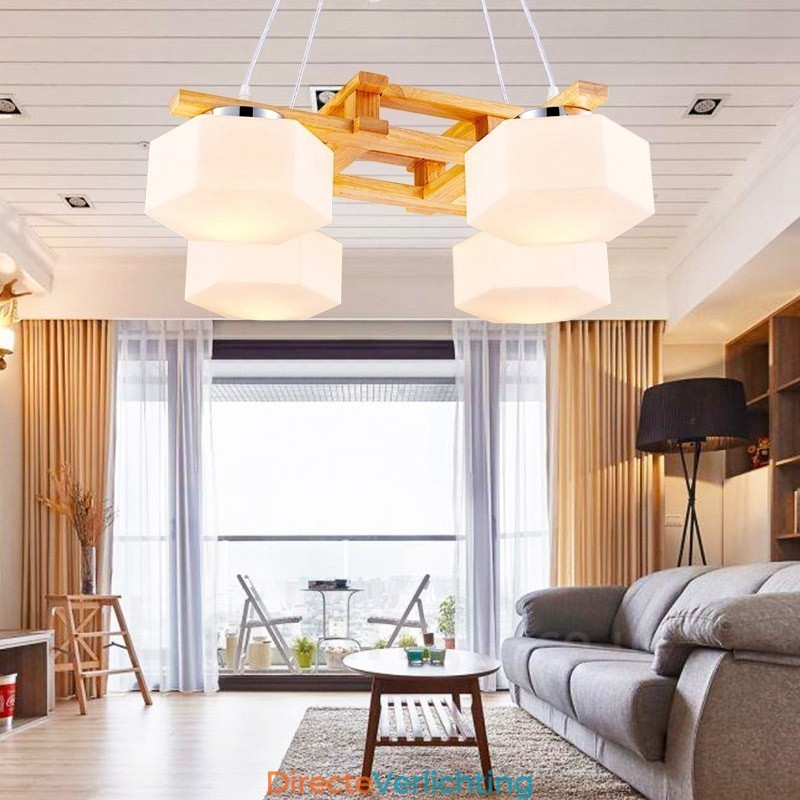 4-lichts houten moderne eigentijdse hanglamp in Scandinavische stijl met glazen kap