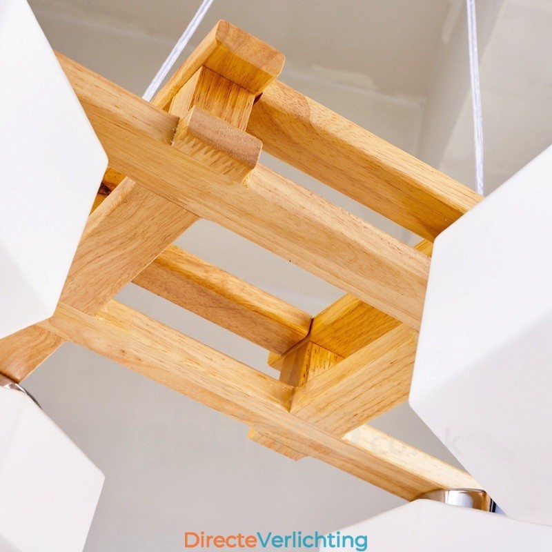 4-lichts houten moderne eigentijdse hanglamp in Scandinavische stijl met glazen kap