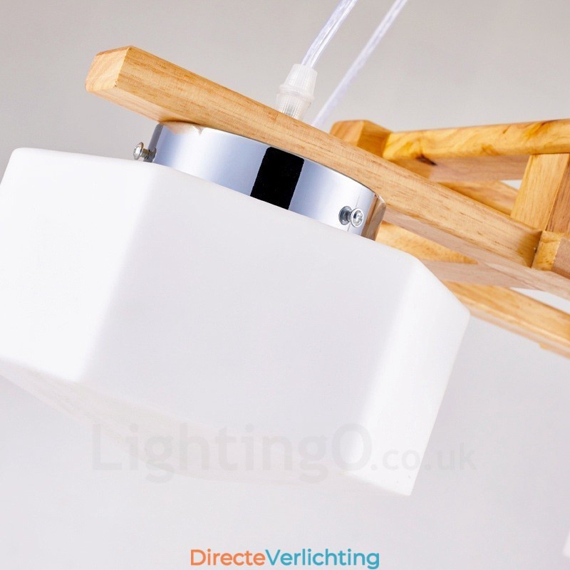 4-lichts houten moderne eigentijdse hanglamp in Scandinavische stijl met glazen kap