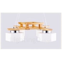 4-lichts houten moderne eigentijdse hanglamp in Scandinavische stijl met glazen kap