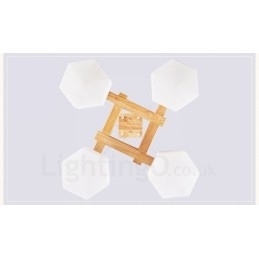 4-lichts houten moderne eigentijdse hanglamp in Scandinavische stijl met glazen kap