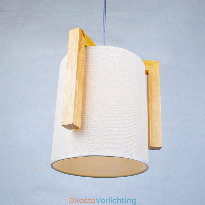 1 Lichte houten moderne eigentijdse hanglamp in Scandinavische stijl met stoffen kap