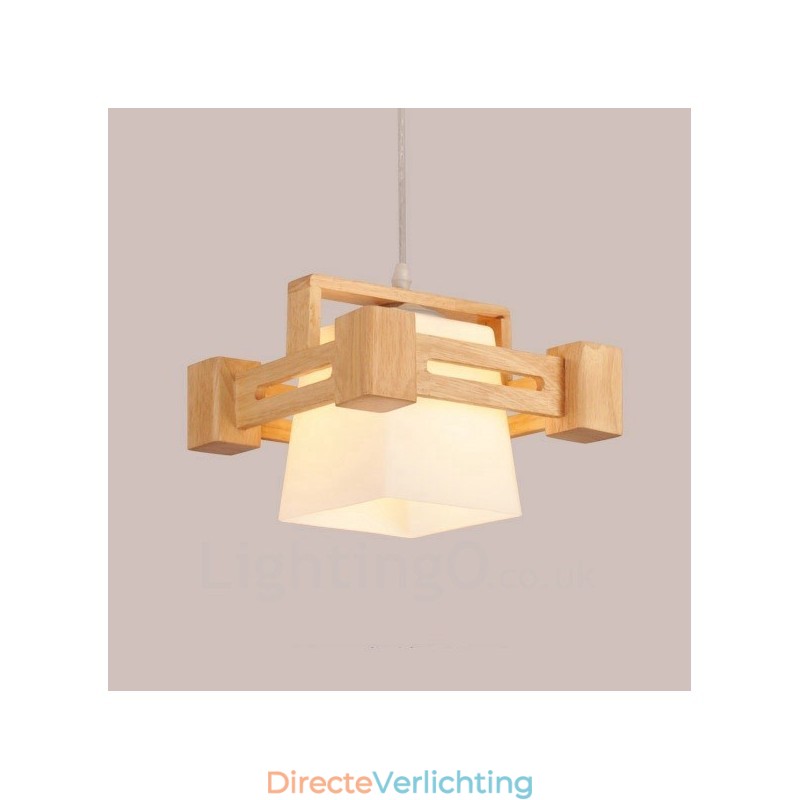 1 Lichte houten moderne eigentijdse hanglamp in Scandinavische stijl met stoffen kap