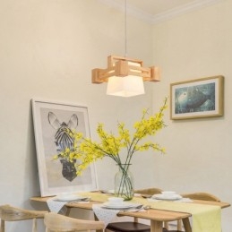 1 Lichte houten moderne eigentijdse hanglamp in Scandinavische stijl met stoffen kap